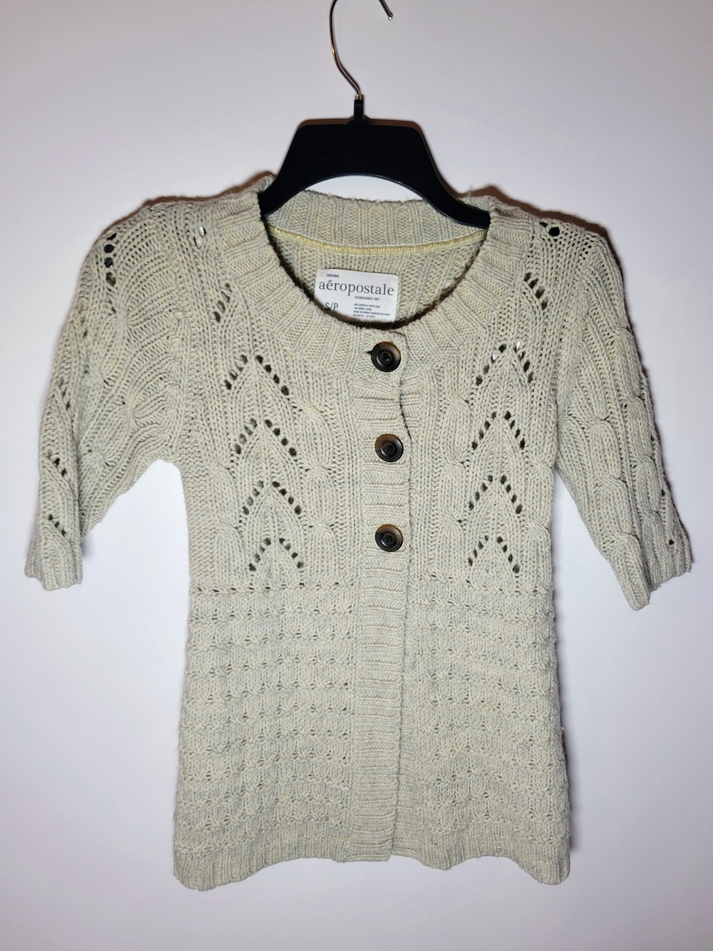 Vintage Aeropostale Pointelle Knit Cardigan Sweater Oatmeal Beige Y2K S